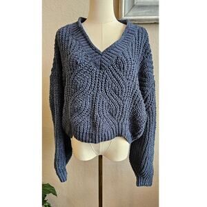 Pol Sweater Women's Boxy Cable‎ Knit Cropped Chenille Sweater Size M Slate Blue
